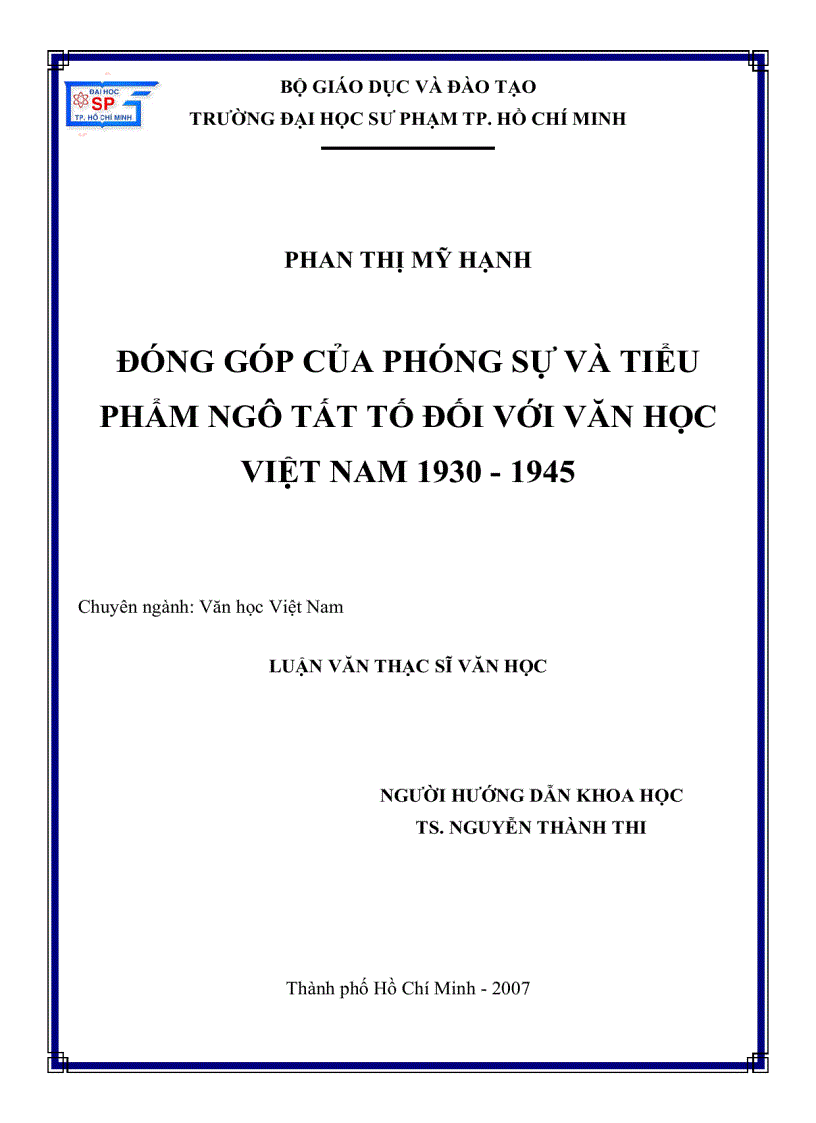 ĐÓNG GÓP CỦA PHÓNG SỰ VÀ TIỂU PHẨM Ngô Tất Tố ĐỐI VỚI VĂN HỌC VIỆT NAM 1930 1945