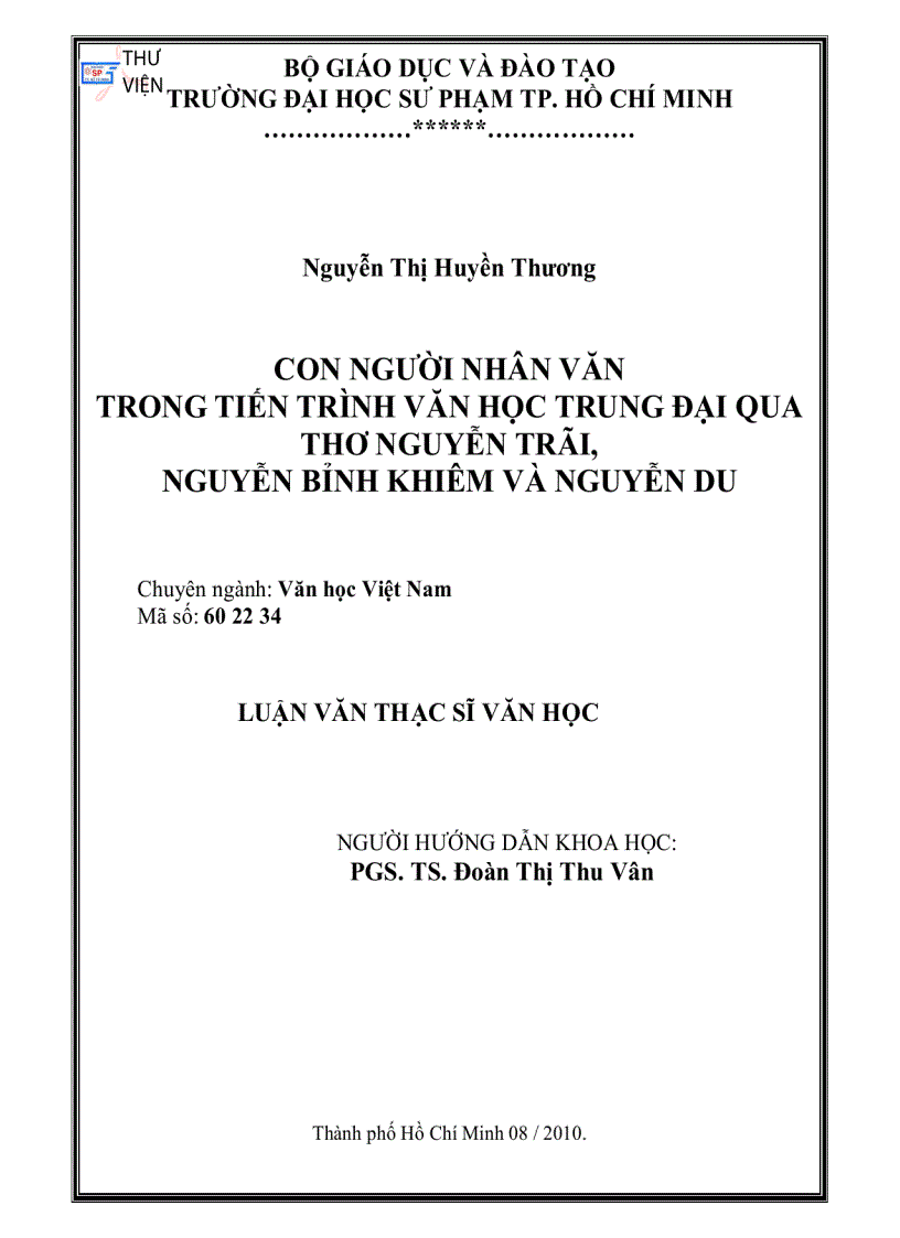 CON NGƯỜI NHÂN VĂN TRONG TIẾN TRÌNH VĂN HỌC TRUNG ĐẠI QUA THƠ Nguyễn Trãi Nguyễn Bỉnh Khiêm và Nguyễn Du