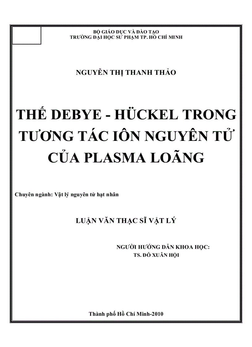 Thế Debye Huckel trong tương tác Ion nguyên tử của Plasma loãng