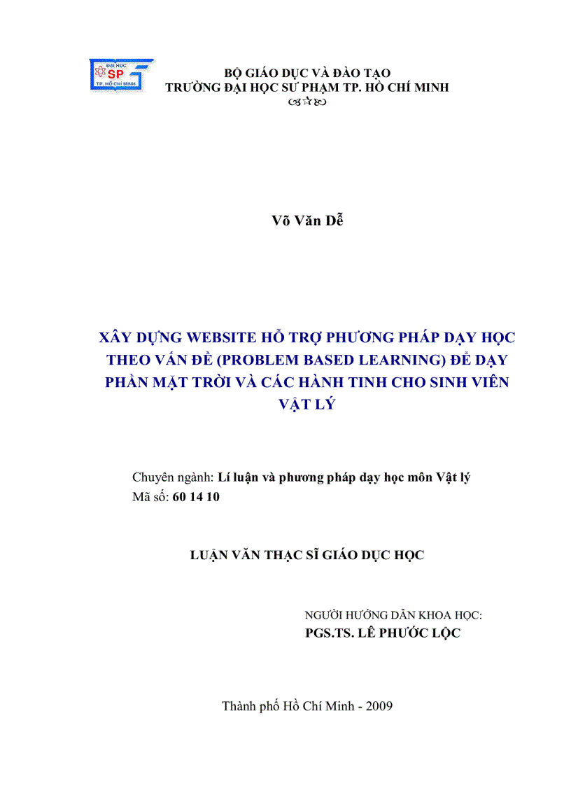 Xây dựng website hỗ trợ phương pháp dạy học theo vấn đề PROBLEM BASED LEARNING để dạy phần mặt trời và các hành tinh cho SV vật lý