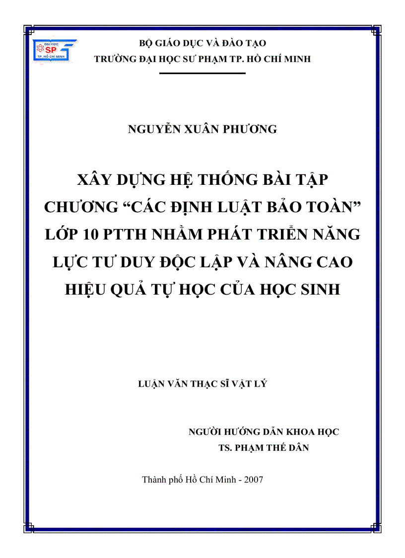 Xây dựng hệ thống bài tập chương Các Định Luật Bảo Toàn lớp 10 PTTH nhằm phát triển năng lực tư duy độc lập và nâng cao hiệu quả tự học của học sinh