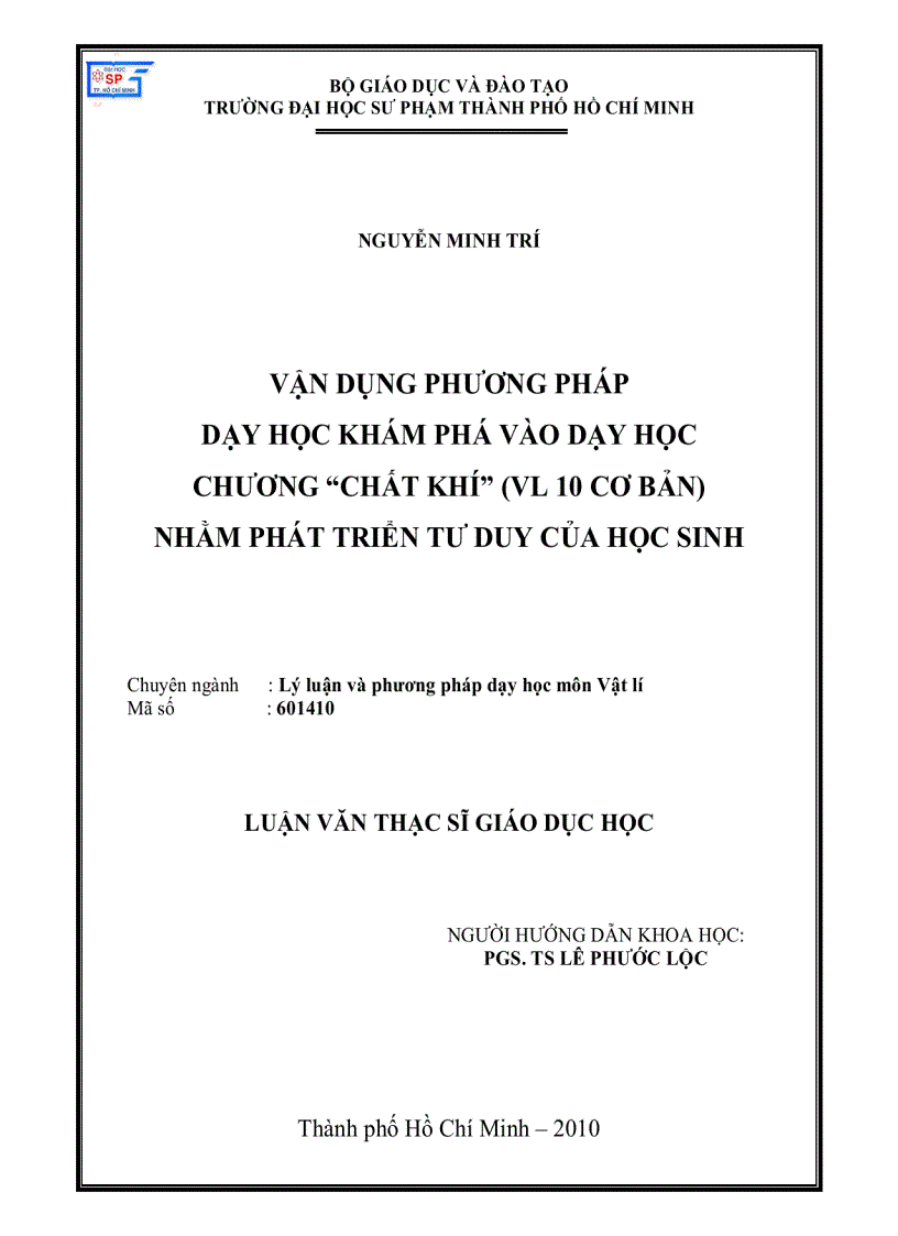 Vận dụng phương pháp dạy học khám phá vào dạy học chương chất khí VL 10 Cơ Bản nhằm phát triển tư duy của học sinh