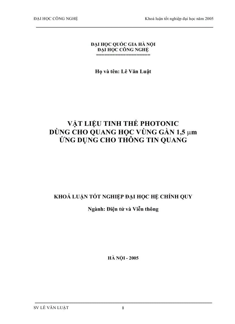 VẬT LIỆU TINH THỂ PHOTONIC DÙNG CHO QUANG HỌC VÙNG GẦN 1 5 µm ỨNG DỤNG CHO THÔNG TIN QUANG