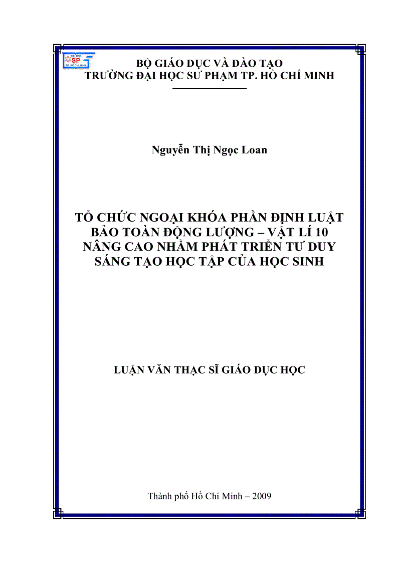 Tổ chức ngoại khóa phần ddicnhj luật bảo toàn động lượng vật lý 10 nâng cao nhằm phát triển tư duy sáng tạo học tập của HS