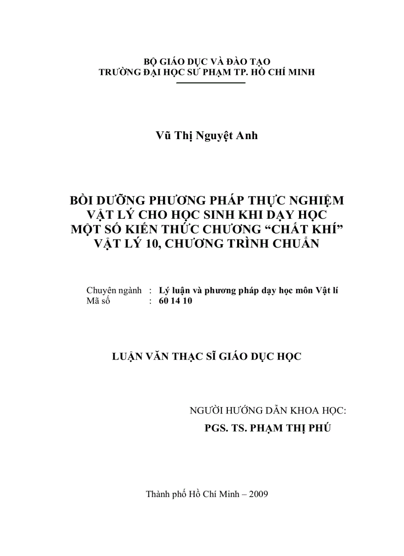 Bồi dưỡng phương pháp thực nghiệm vật lý cho học sinh khi dạy học một số kiến thức chương Chất Khí vật lý 10 chương trình chuẩn