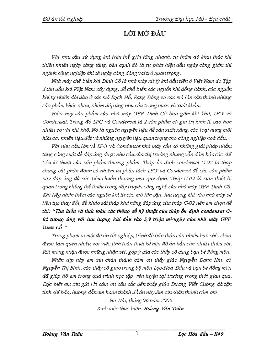 Tìm hiểu và tính toán các thông số kỹ thuật của tháp ổn định condensat C 02 tương ứng với lưu lượng khí đầu vào 5 9 triệu m3 ngày của nhà máy GPP Dinh Cố
