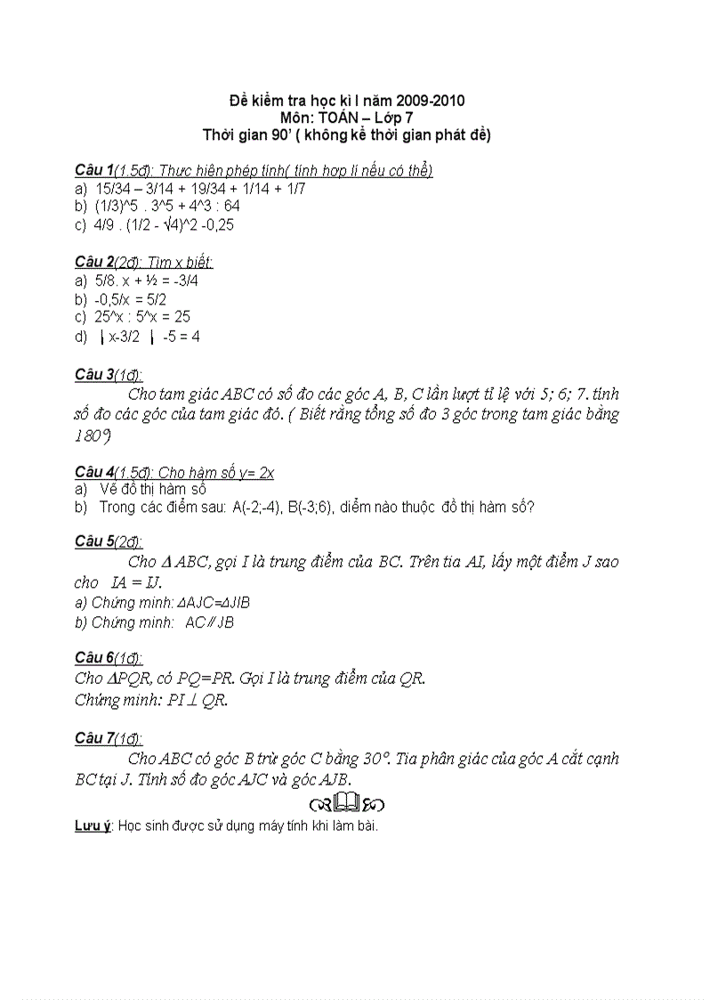 Đề kiểm tra Toán học kì lớp 7