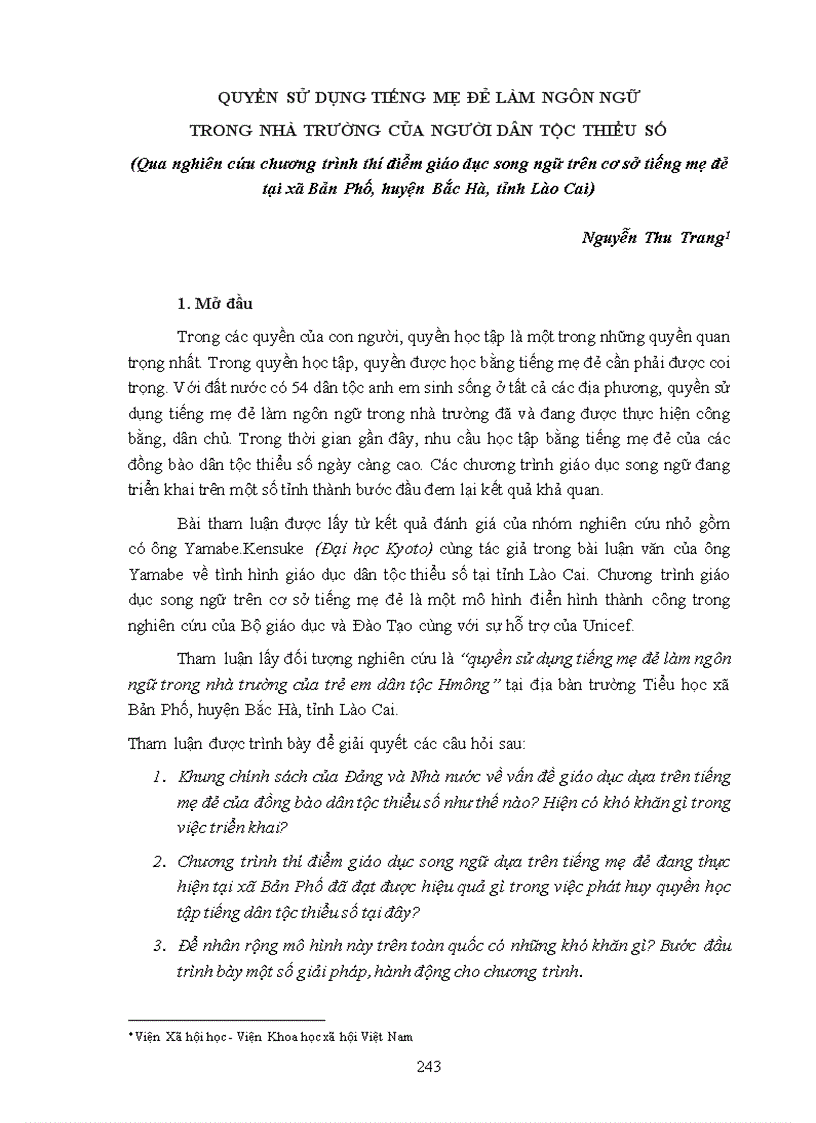 Quyền sử dụng tiếng mẹ đẻ làm ngôn ngữ trong nhà trường của người dân tộc thiểu số