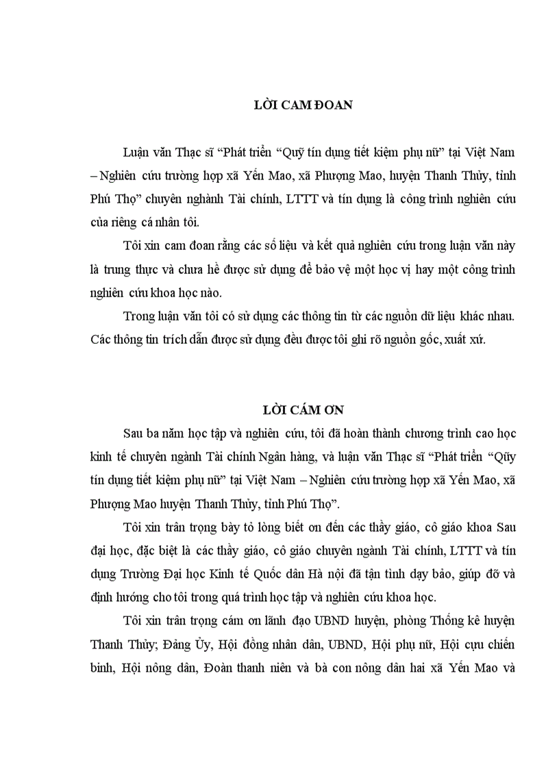 Phát triển Quỹ tín dụng tiết kiệm phụ nữ tại Việt Nam Nghiên cứu trường hợp xã Yến Mao và Phượng Mao huyện Thanh Thuỷ tỉnh Phú Thọ