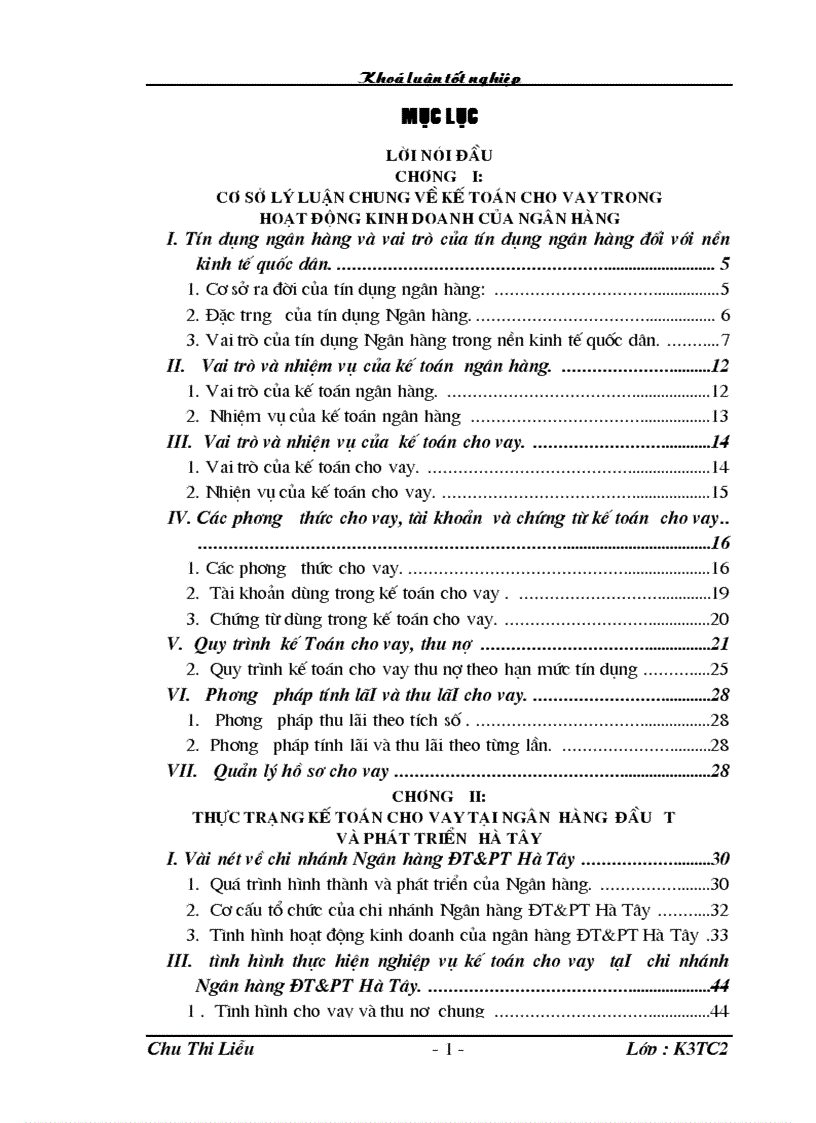 Các giải pháp hoàn thiện nghiệp vụ kế toán cho vay tại chi nhánh ngân hàng NHĐT PT BIDV Hà Tây