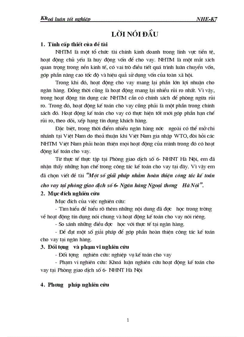 1số giải pháp nhằm hoàn thiện công tác kế toán cho vay tại phòng giao dịch số 6 ngân hàng NHTMCP Ngoại Thương Hà Nội