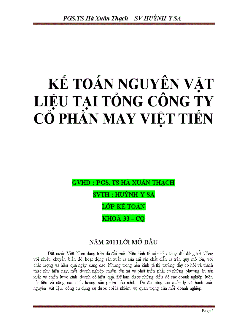 Kế toán nguyên vật liệu tại tổng công ty cổ phần may việt tiến