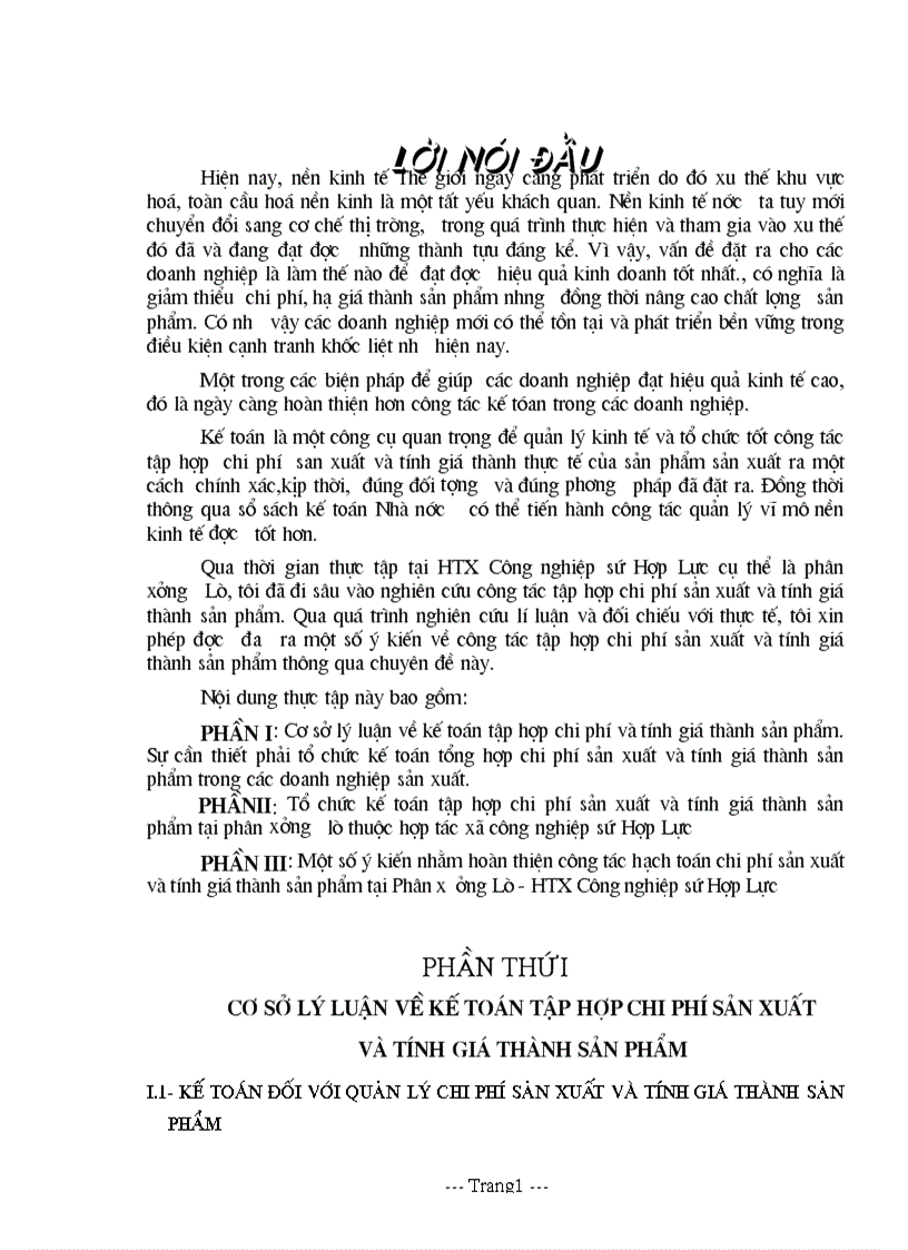 Tổ chức kế toán tập hợp chi phí sản xuất và tính giá thành sản phẩm tại phân xư ởng lò thuộc hợp tác xã công nghiệp sứ Hợp Lực