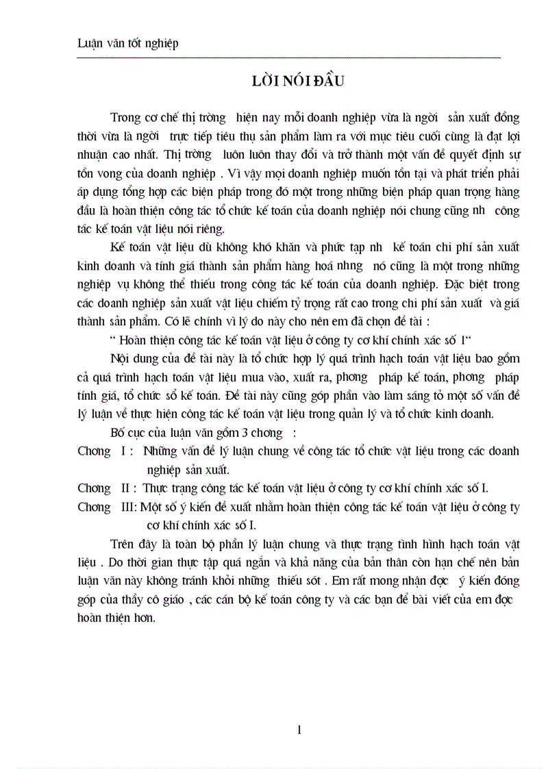 Hoàn thiện công tác kế toán vật liệu ở công ty cơ khí