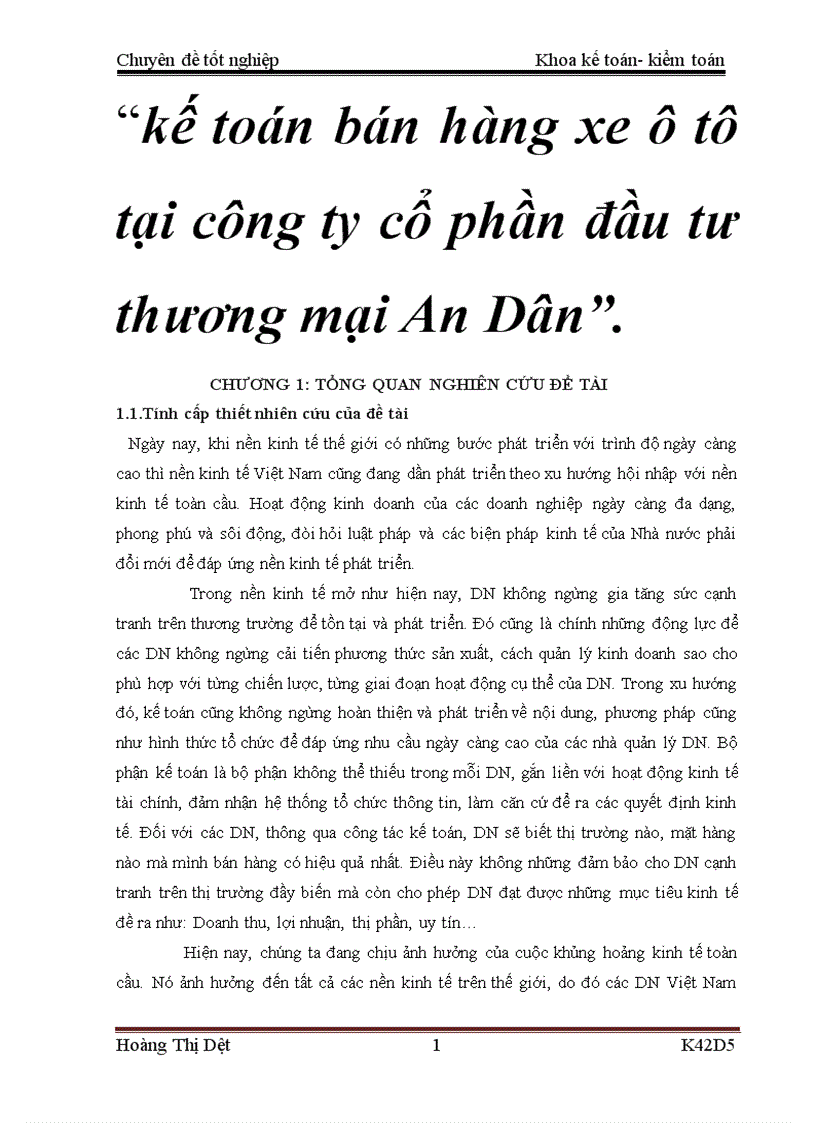 Kế toán bán hàng xe ô tô tại công ty cổ phần đầu tư thương mại An Dân