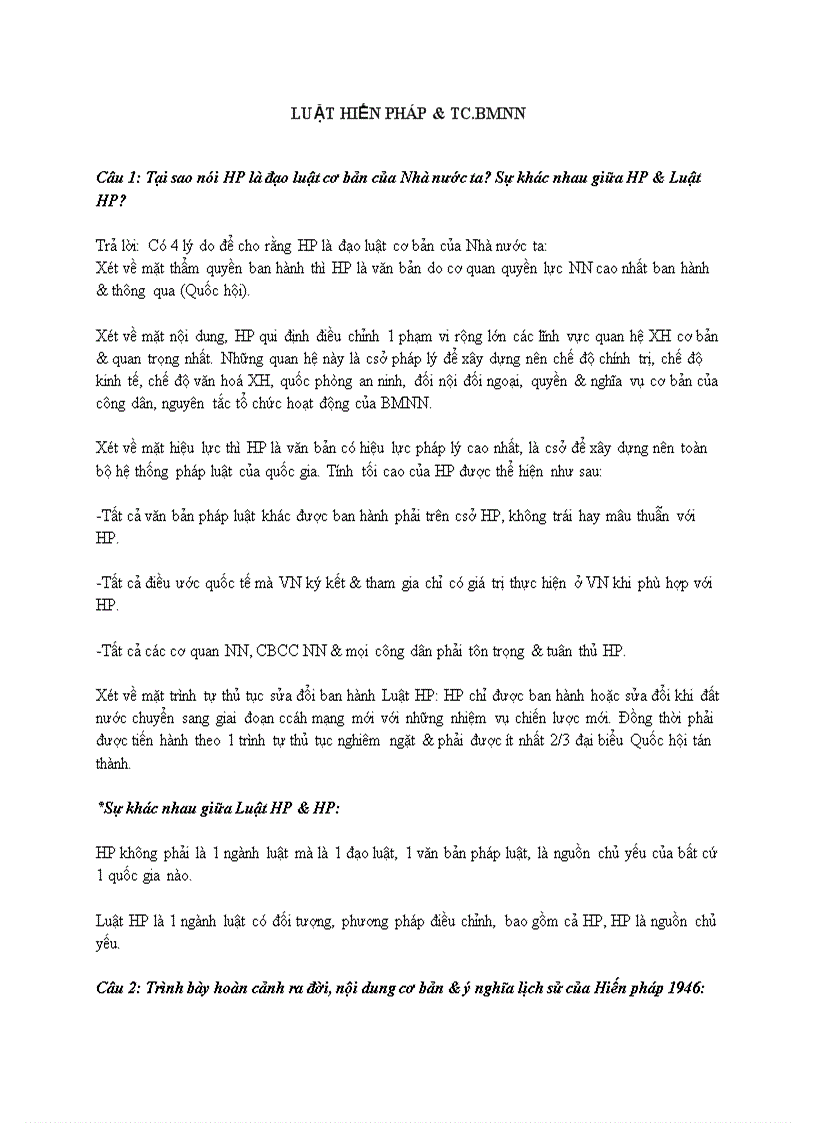 Câu hỏi về LUẬT HIẾN PHÁP TC BMNN
