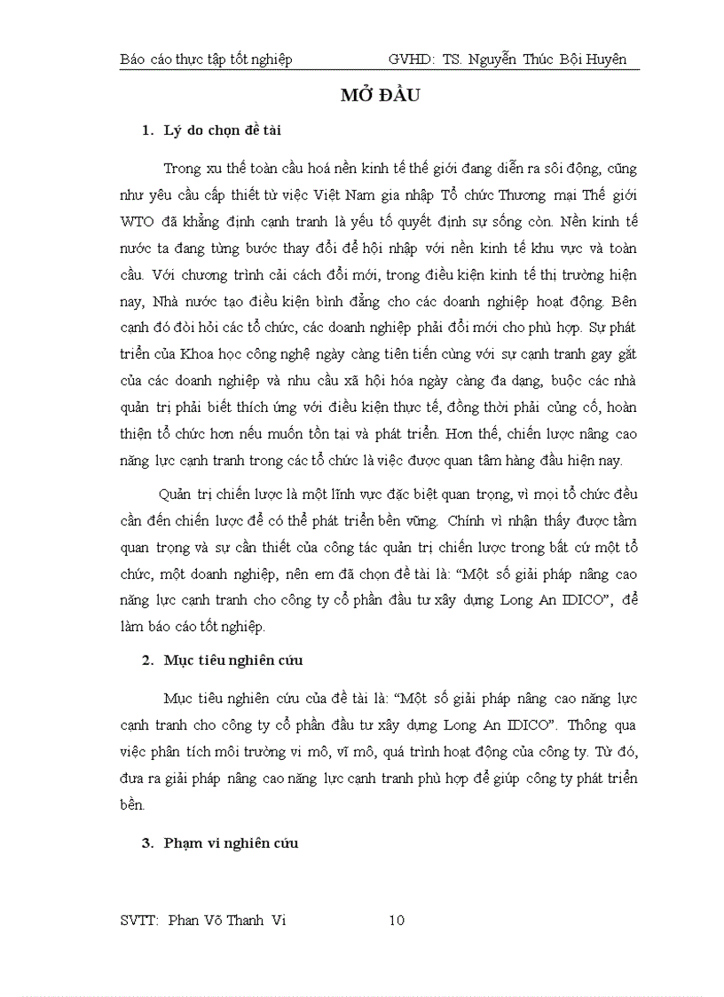 Báo cáo thực tập tốt nghiệp Một số giải pháp nâng cao năng lực cạnh tranh cho công ty cổ phần đầu tư xây dựng Long An IDICO