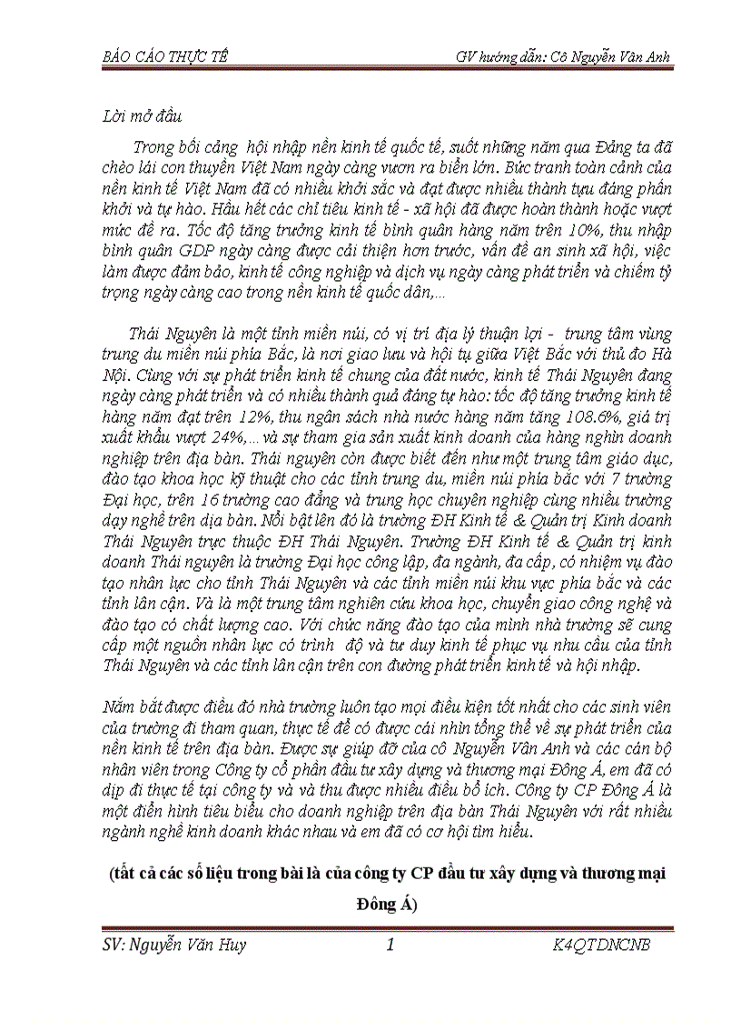 Báo cáo thực tế môn học tại công ty cổ phần đầu tư xây dựng và thương mại đông á