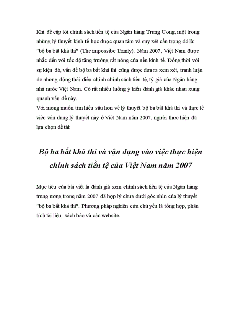 Bộ ba bất khả thi và vận dụng vào việc thực hiện chính sách tiền tệ của Việt Nam năm 2007