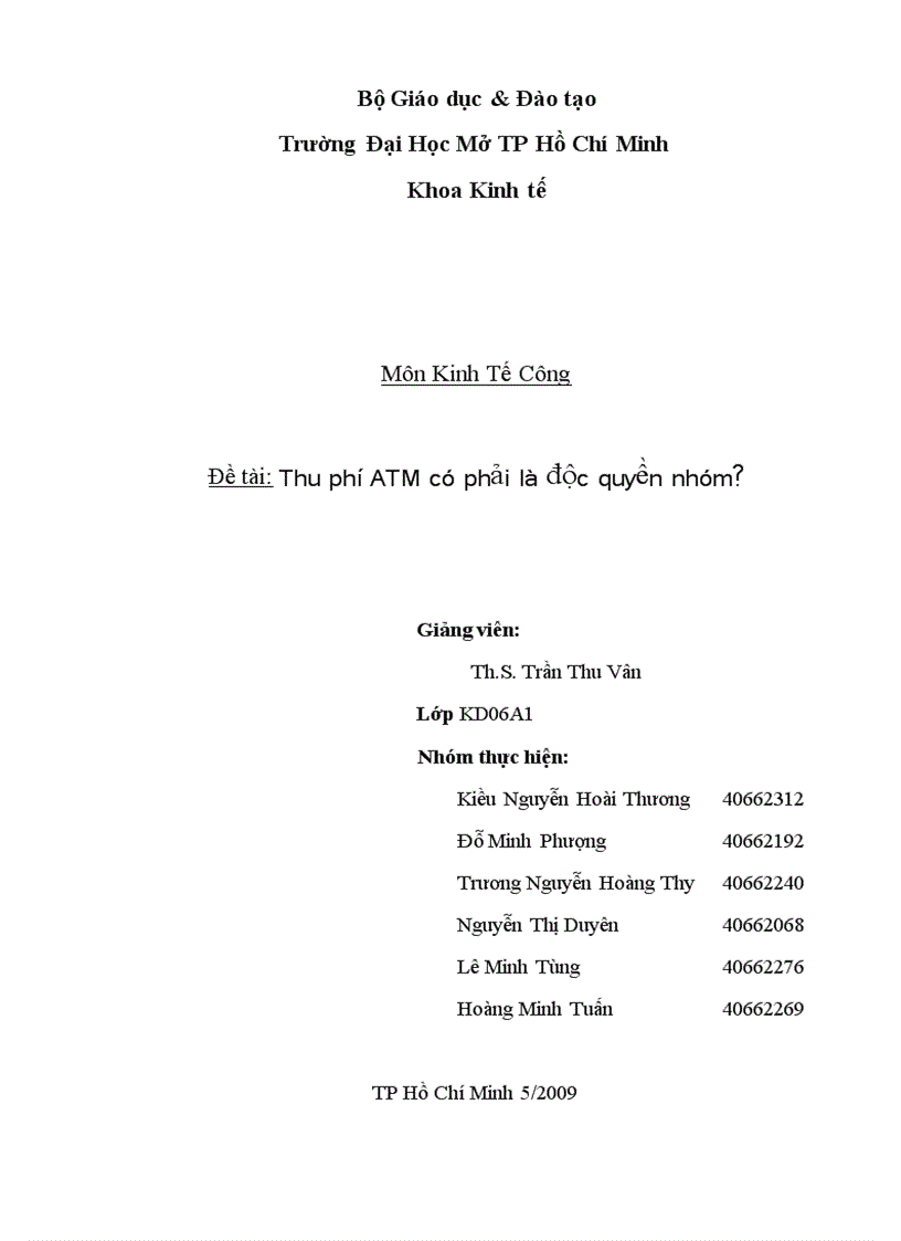Tiểu luận Thu phí ATM có phải là độc quyền nhóm