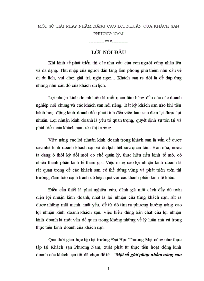Một số Giải pháp nhằm nâng cao lợi nhuận của Khách sạn Phương Nam