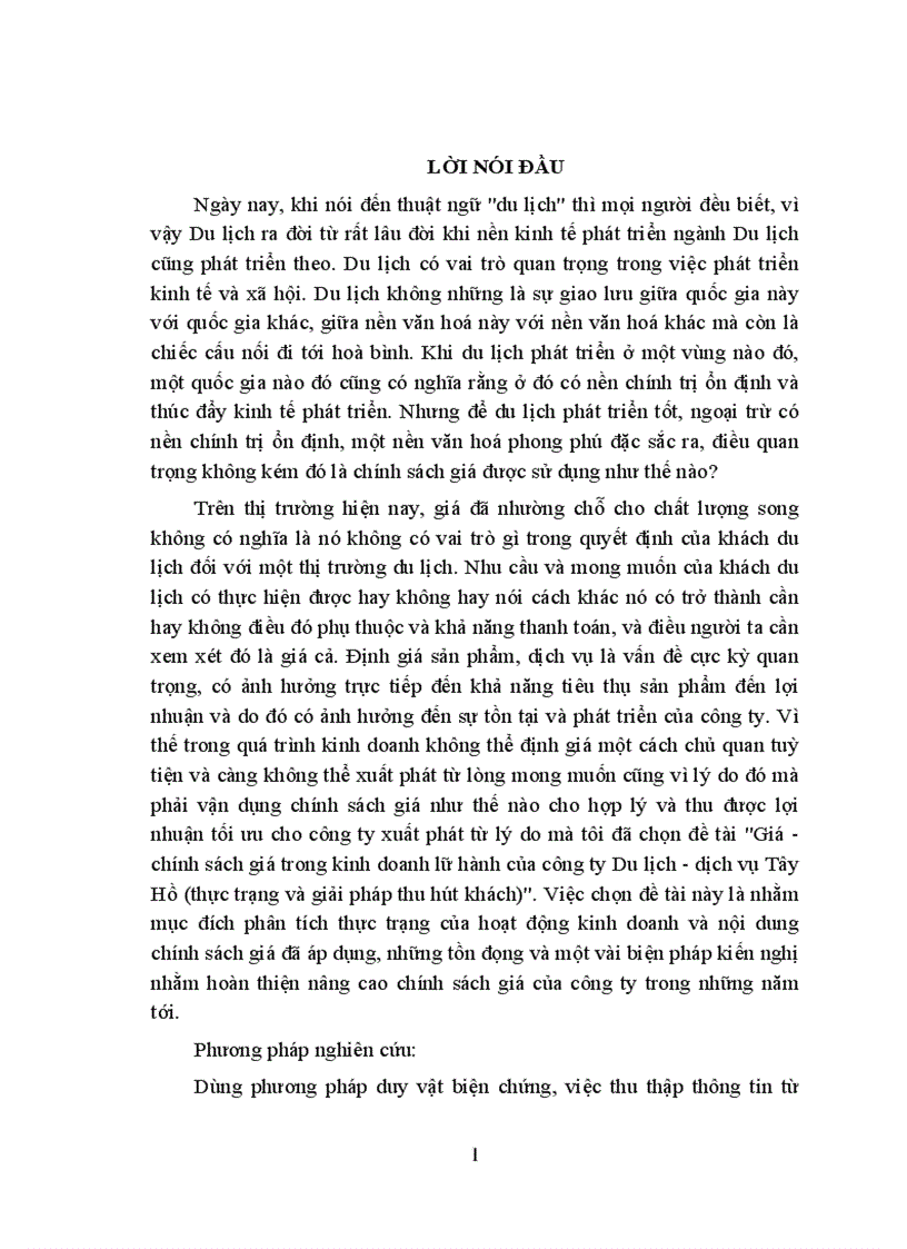 Giá chính sách giá trong kinh doanh lữ hành của công ty Du lịch dịch vụ Tây Hồ thực trạng và giải pháp thu hút khách