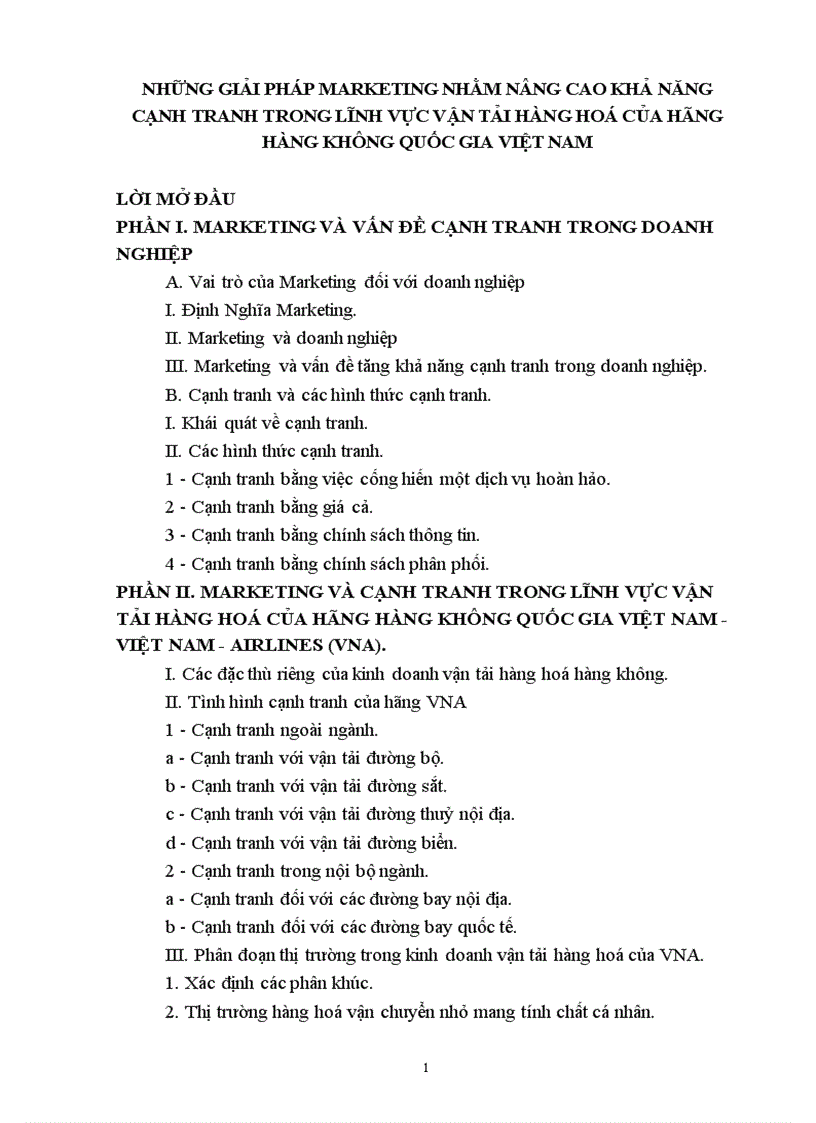 Những giải pháp Marketing nhằm nâng cao khả năng cạnh tranh trong lĩnh vực vận tải hàng hoá của hãng hàng không quốc gia Việt nam VNA