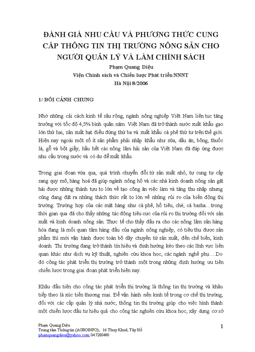 Đánh giá nhu cầu và phương thức cung cấp thông tin thị trường nông sản cho người quản lý và làm chính sách