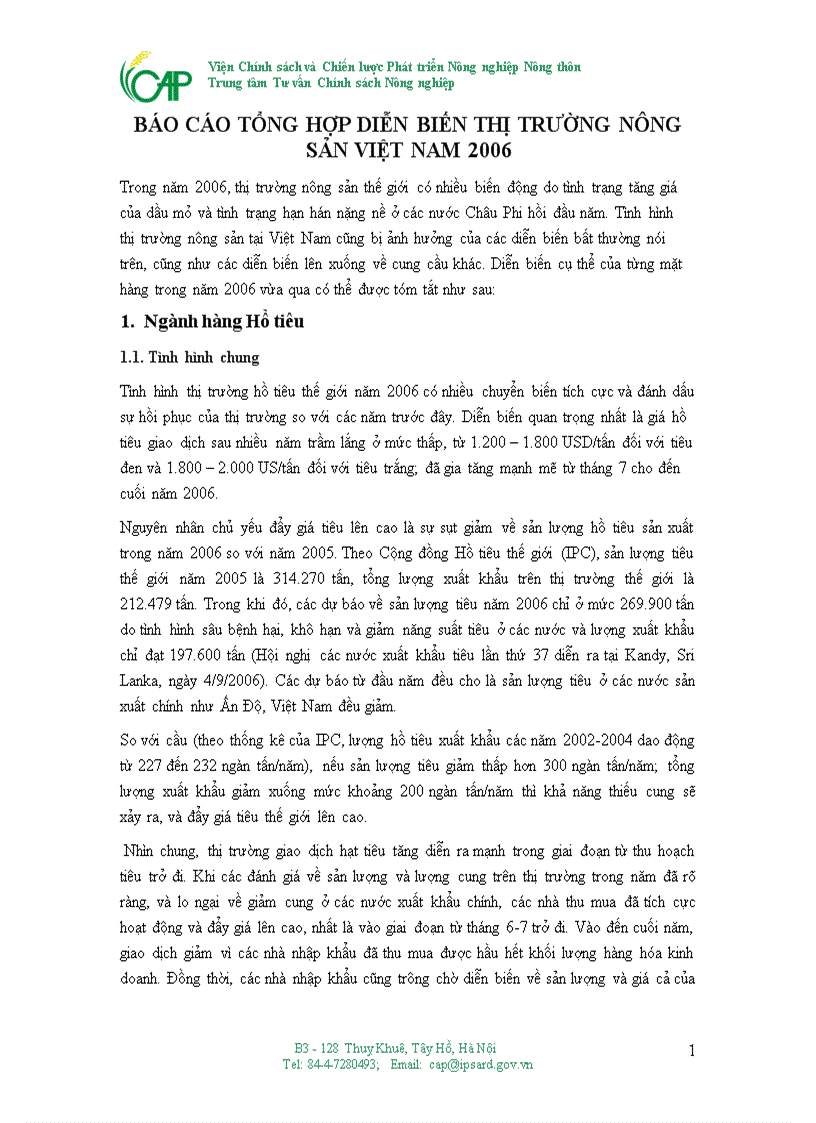 Báo cáo tổng hợp diễn biến thị trường nông sản việt nam 2006