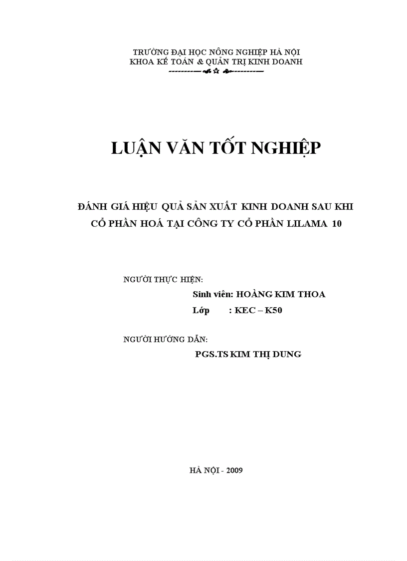 Đánh giá hiệu quả sản xuất kinh doanh sau khi cổ phần hoá tại Công ty cổ phần Lilama 10