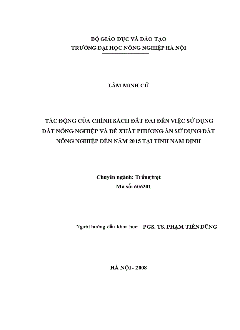 Tác động của chính sách đất đai đến việc sử dụng đất nông nghiệp và đề xuất phương án sử dụng đất nông nghiệp đến năm 2015 tại tỉnh Nam Định