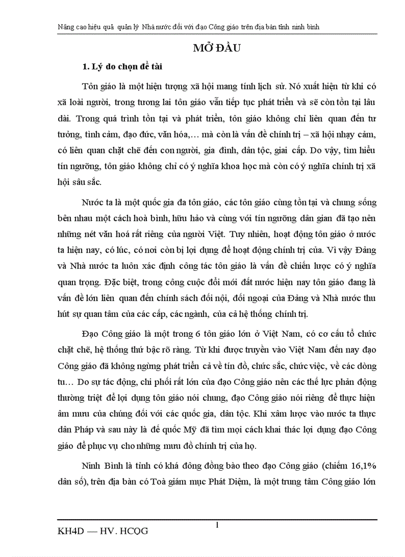 Nâng cao hiệu quả quản lý Nhà nước đối với đạo Công giáo trên địa bàn tỉnh Ninh Bình