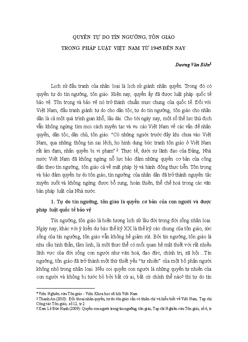Quyền tự do tín ngưỡng tôn giáo trong pháp luật việt nam từ 1945 đến nay