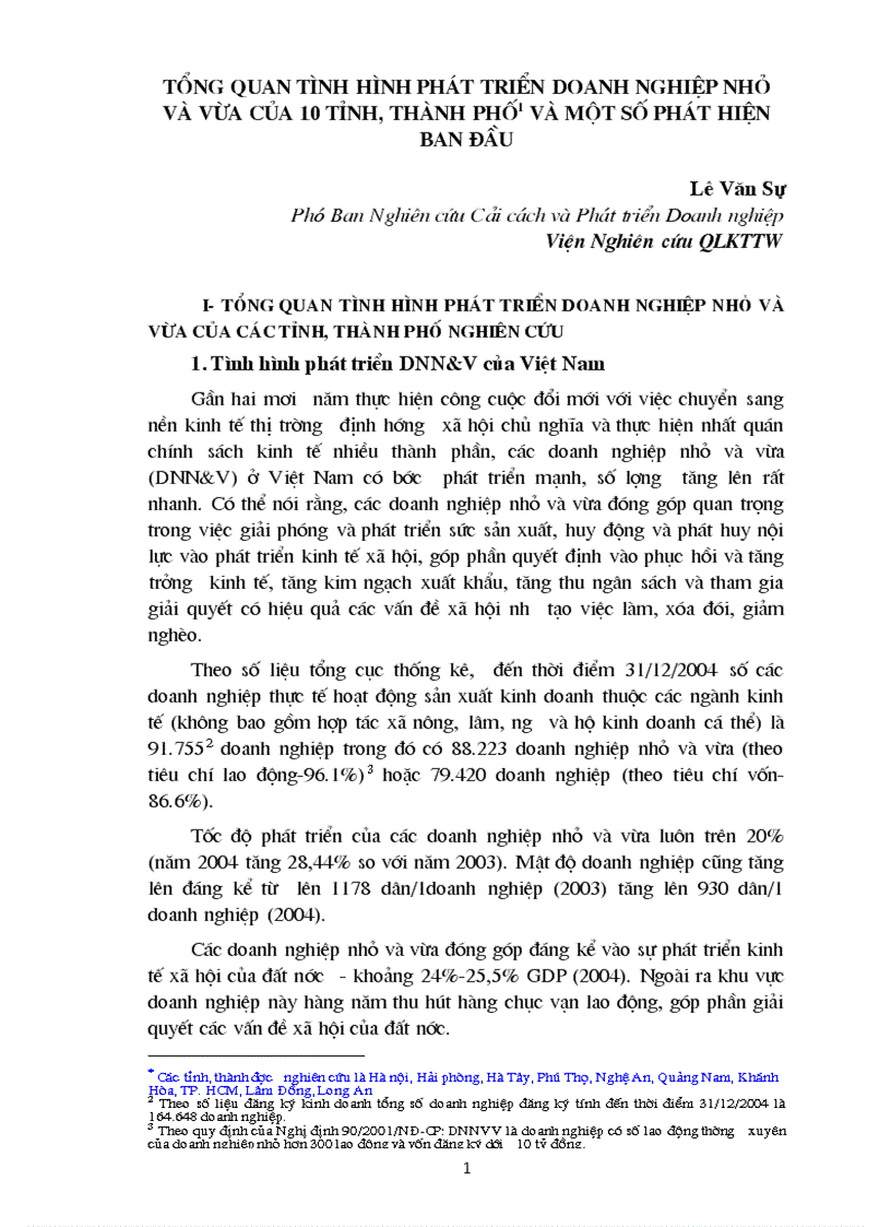 Tổng quan tình hình phát triển doanh nghiệp nhỏ và vừa của 10 tỉnh thành phố và một số phát hiện ban đầu