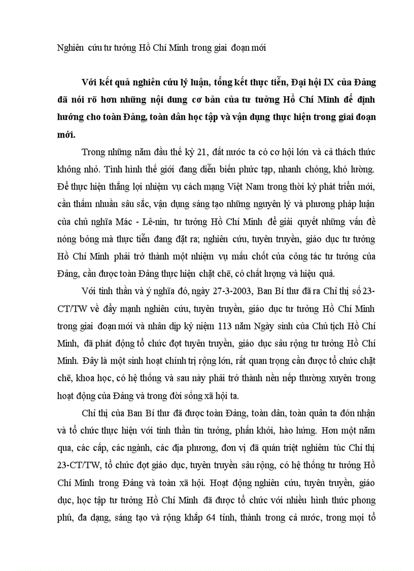 Nghiên cứu tư tưởng Hồ Chí Minh trong giai đoạn mới