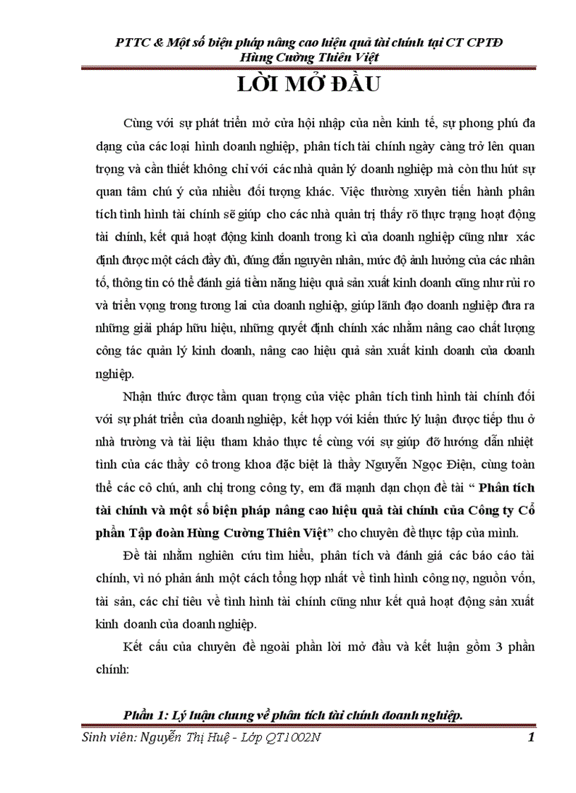 Phân tích tài chính và một số biện pháp nâng cao hiệu quả tài chính của Công ty Cổ phần Tập đoàn Hùng Cường Thiên Việt