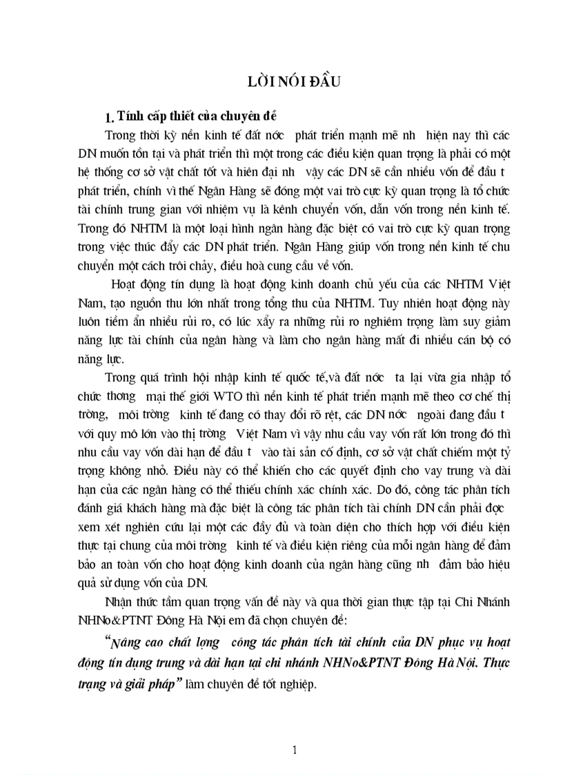 Nâng cao chất lượng công tác phân tích tài chính của DN phục vụ hoạt động tín dụng trung và dài hạn tại chi nhánh NHNo PTNT Đông Hà Nội