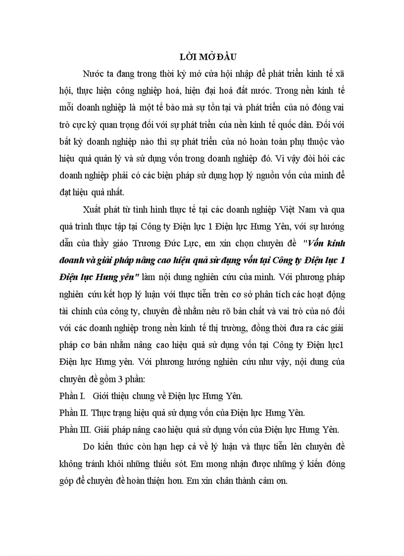Vốn kinh doanh và giải pháp nâng cao hiệu quả sử dụng vốn tại Công ty Điện lực 1 Điện lực Hưng yên