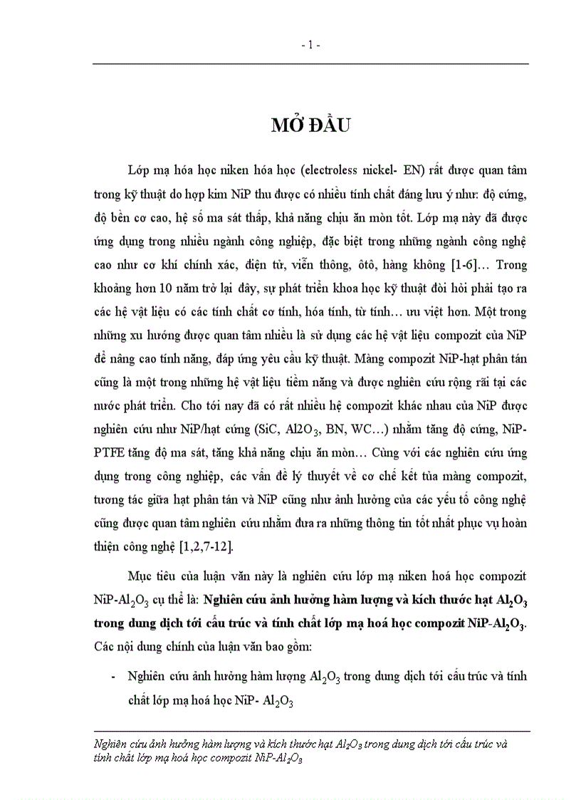 Nghiên cứu ảnh hưởng hàm lượng và kích thước hạt Al2O3 trong dung dịch tới cấu trúc và tính chất lớp mạ hoá học compozit NiP Al2O3