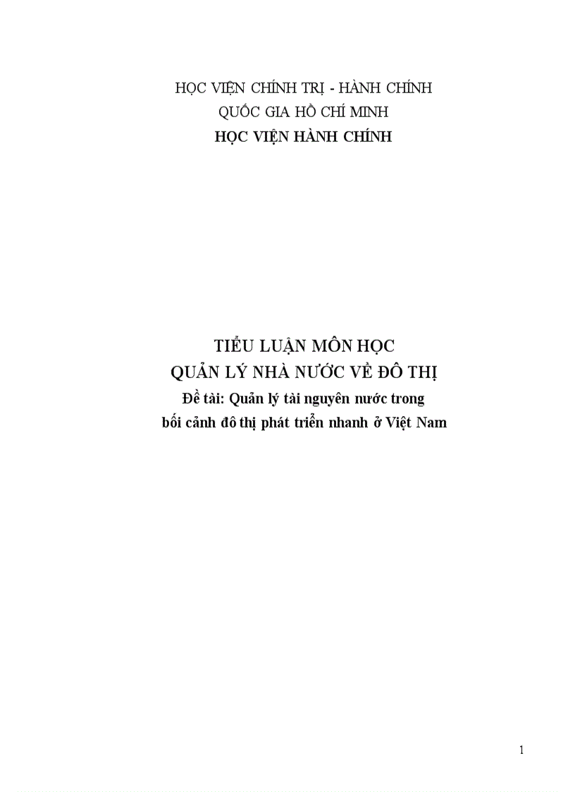 Quản lý Nhà nước về đô thị Đề tài Quản lý tài nguyên nước trong bối cảnh đô thị phát triển nhanh ở Việt Nam