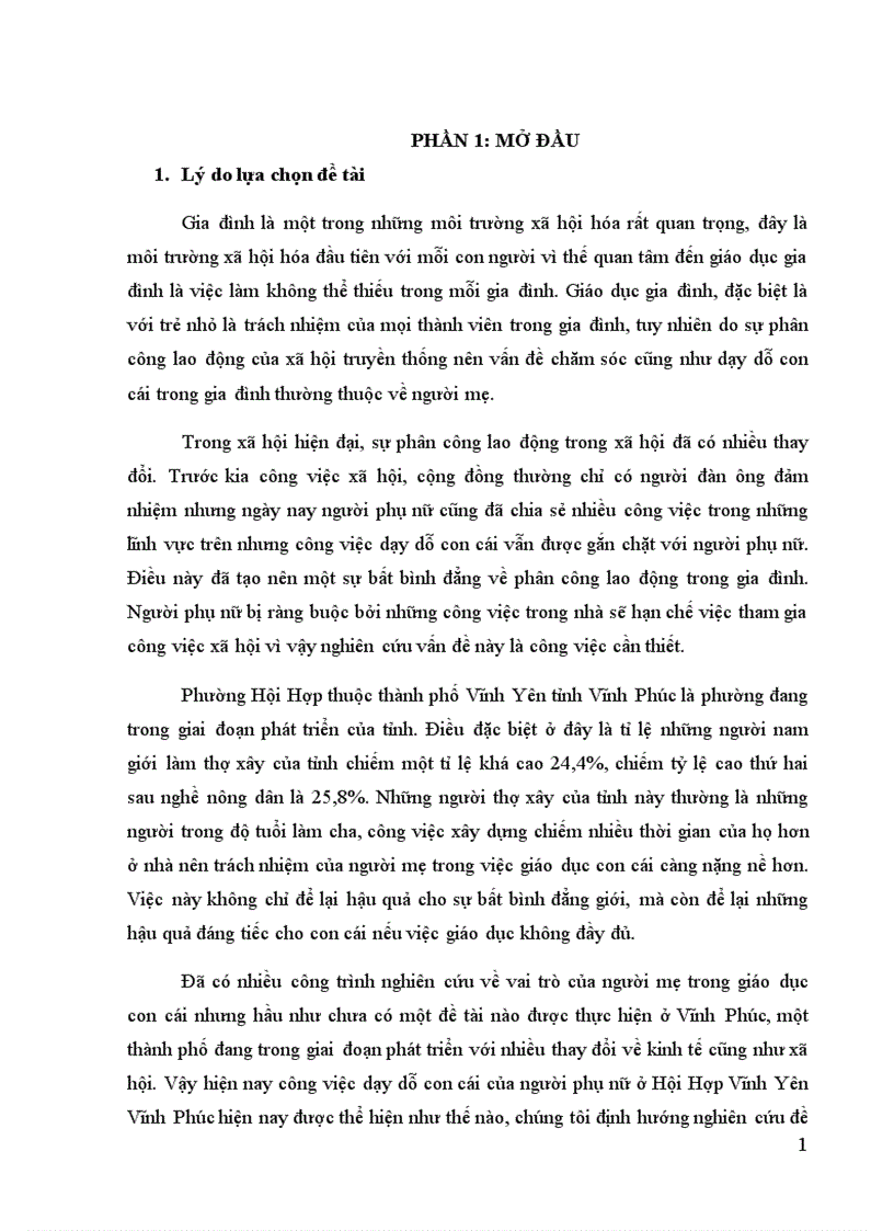 Vai trò của người mẹ trong giáo dục con cái nghiên cứu tại phường Hội hợp thành phố Vĩnh Yên tỉnh Vĩnh Phúc