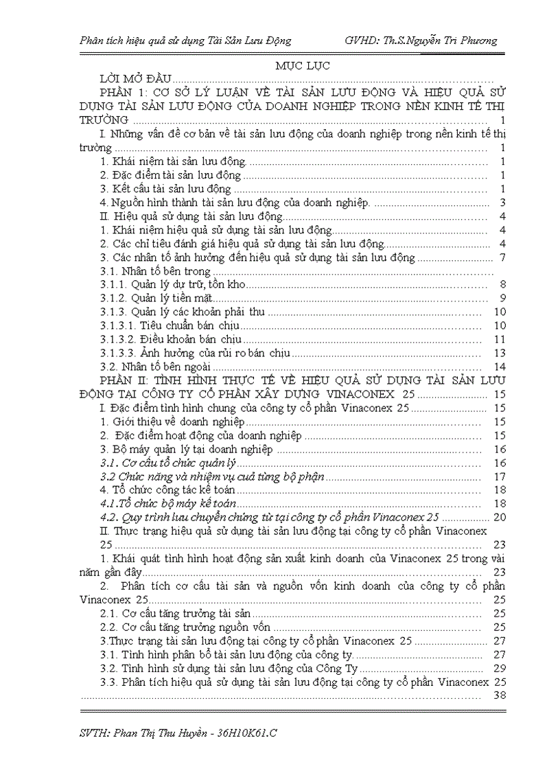 Phân tích hiệu quả sử dụng tài sản lưu động tại công ty cổ phần Vinaconex 25