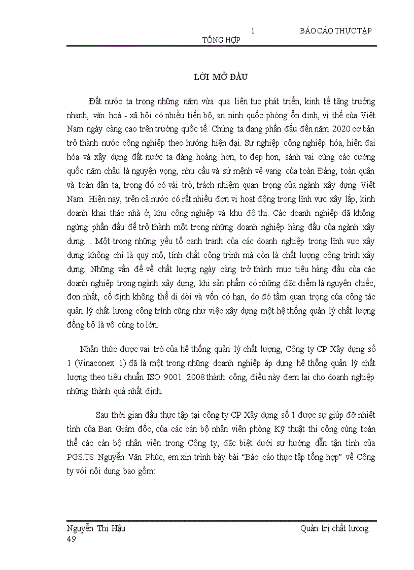 Báo cáo thực tập tại Công ty cổ phần xây dựng số 1 VINACONEX