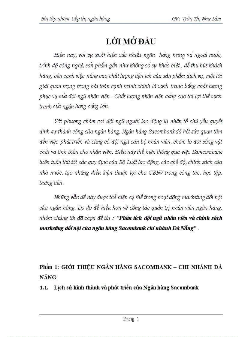 Phân tích đội ngũ nhân viên và chính sách marketing đối nội của ngân hàng Sacombank chi nhánh Đà Nẵng