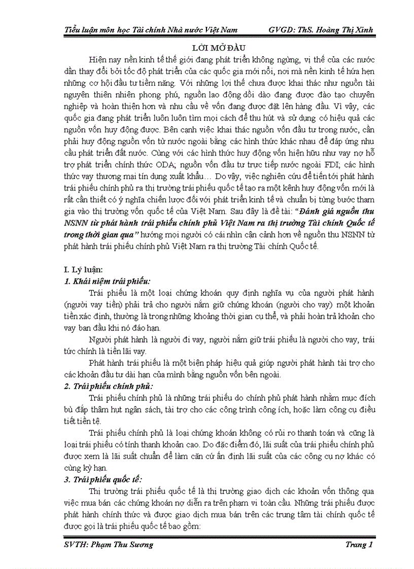 Đánh giá nguồn thu NSNN từ phát hành trái phiếu chính phủ Việt Nam ra thị trường Tài chính Quốc tế trong thời gian qua