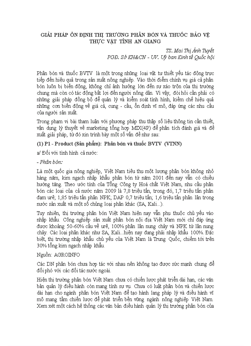 Giải pháp ổn định thị trường phân bón và thuốc bảo vệ thực vật tỉnh an giang