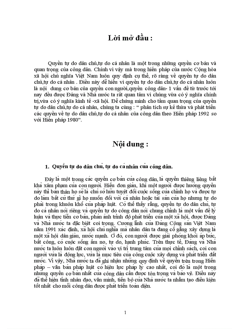 Sự kế thừa và phát triển các quyền tự do dân chủ và tự do cá nhân theo Hiến pháp 1992 so với Hiến pháp 1980