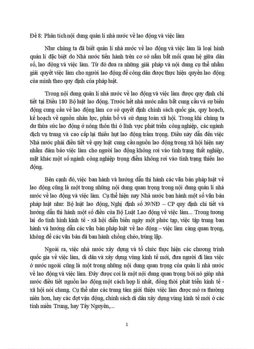 Cá nhân quản lý Đề 8 Phân tích nội dung quản lí nhà nước về lao động và việc làm