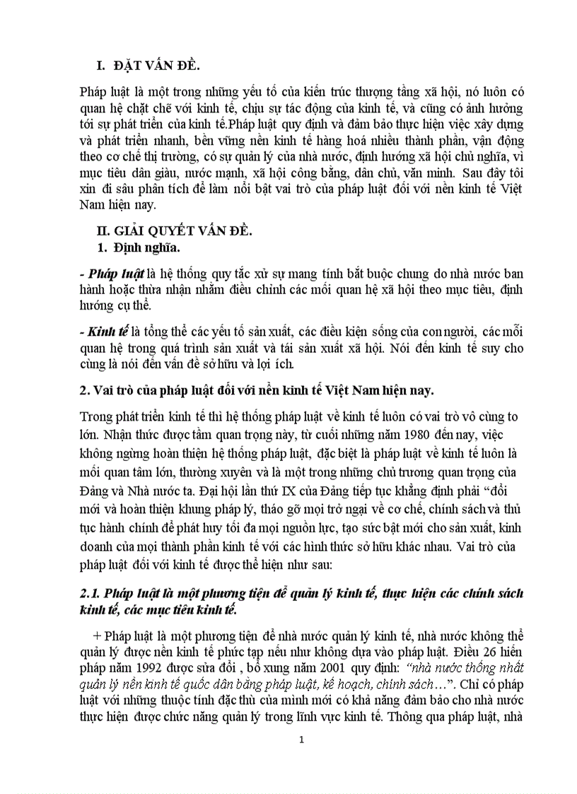 Bài tập học kỳ Vai trò của pháp luật đối với nền kinh tế Việt Nam hiện nay bài mới 2