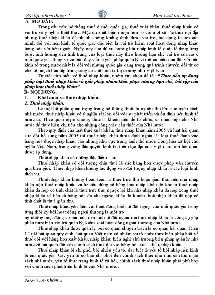 BT nhóm 9đ Thực tiễn áp dụng pháp luật thuế nhập khẩu và giải pháp nhằm khắc phục những hạn chế bất cập của pháp luật thuế nhập khẩu